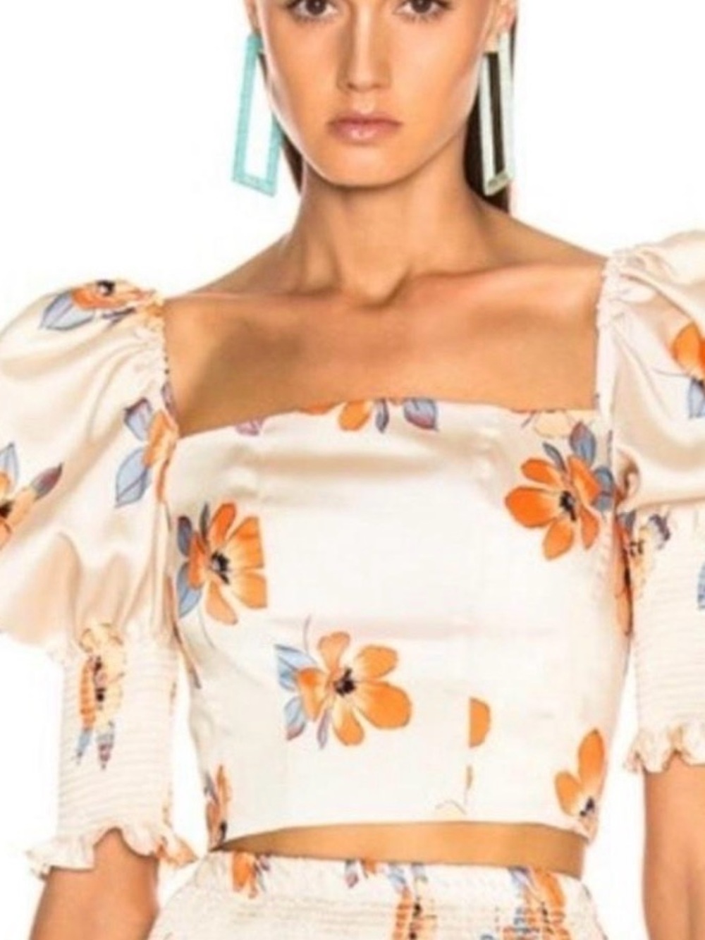 NWT NICHOLAS Cream Floral Puff-Sleeve Square-Neck Crop Top with Orange Blossoms